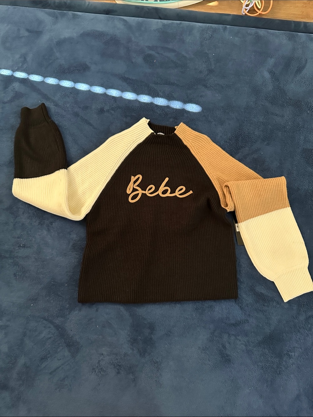 bebe Black Sweater with Cream and Tan Colorblock Sleeves